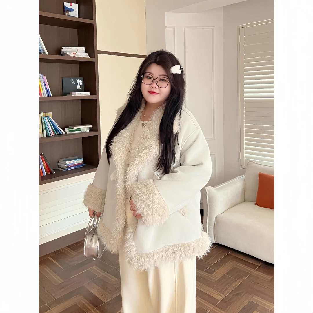 花契“宫崎雪岭”大码女装冬季百搭200斤胖mm立领毛茸茸外套16274-X