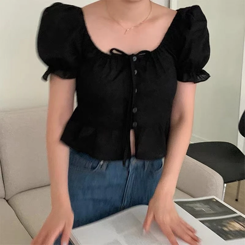 T恤显瘦短款夏季法式小众泡泡袖方领设计感429