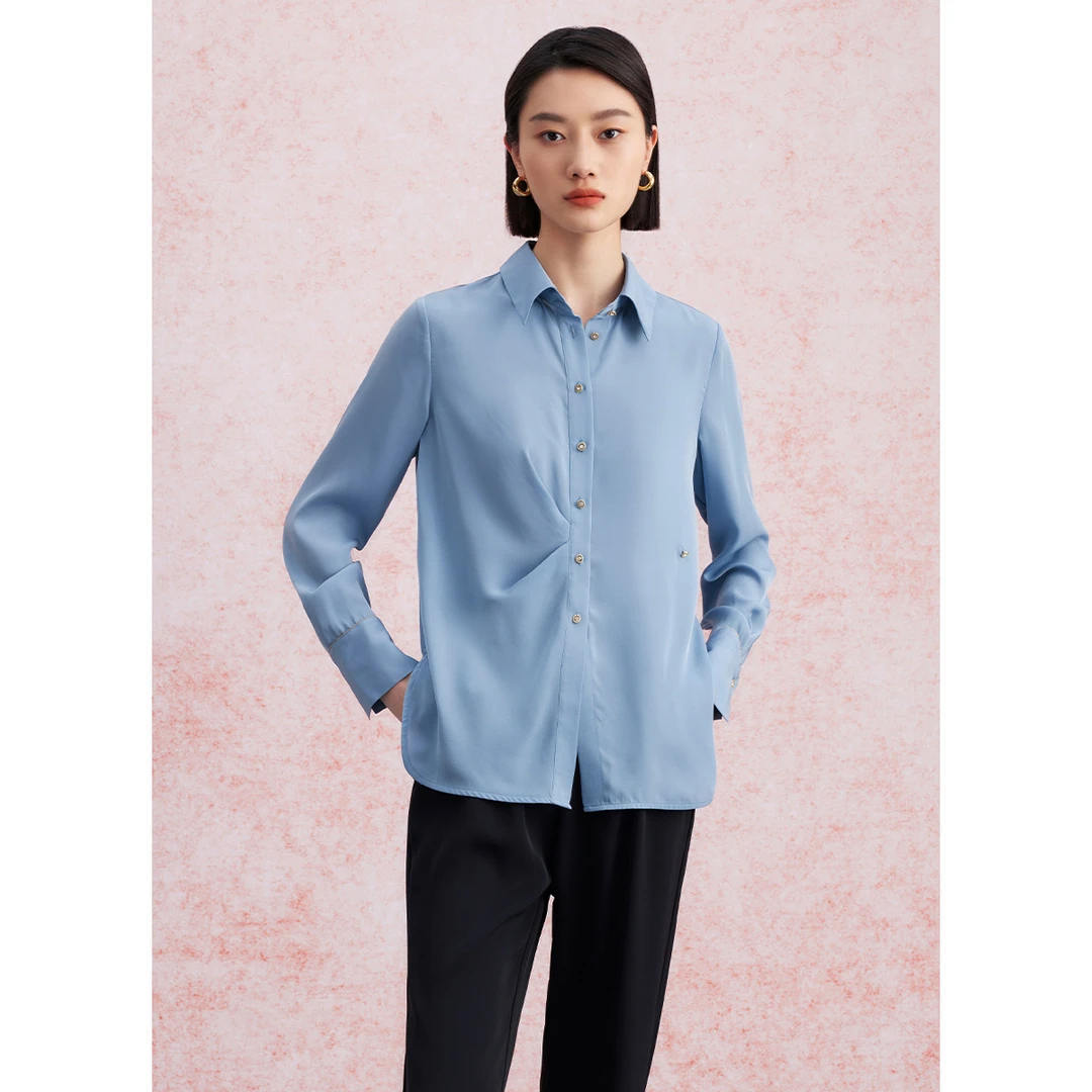 【小余专属】蓝色简约衬衫秋季设计感扭结气质别致纯色长袖