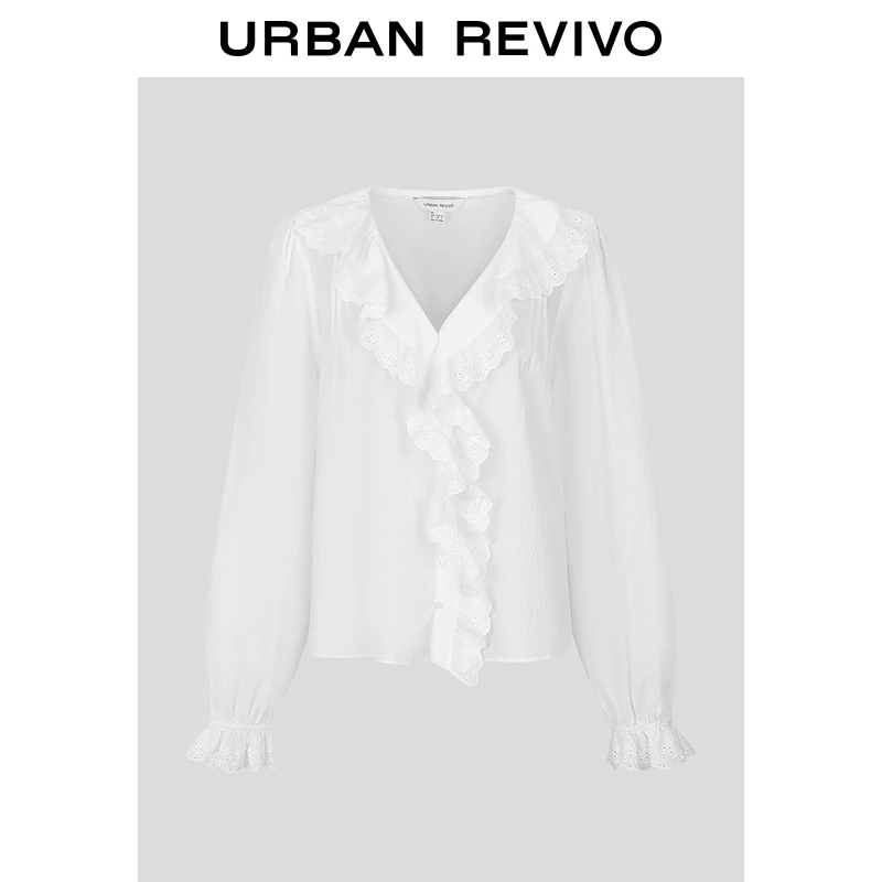 UR2026春季新款女休闲褶皱肌理荷叶边刺绣开襟衬衫UYL250135