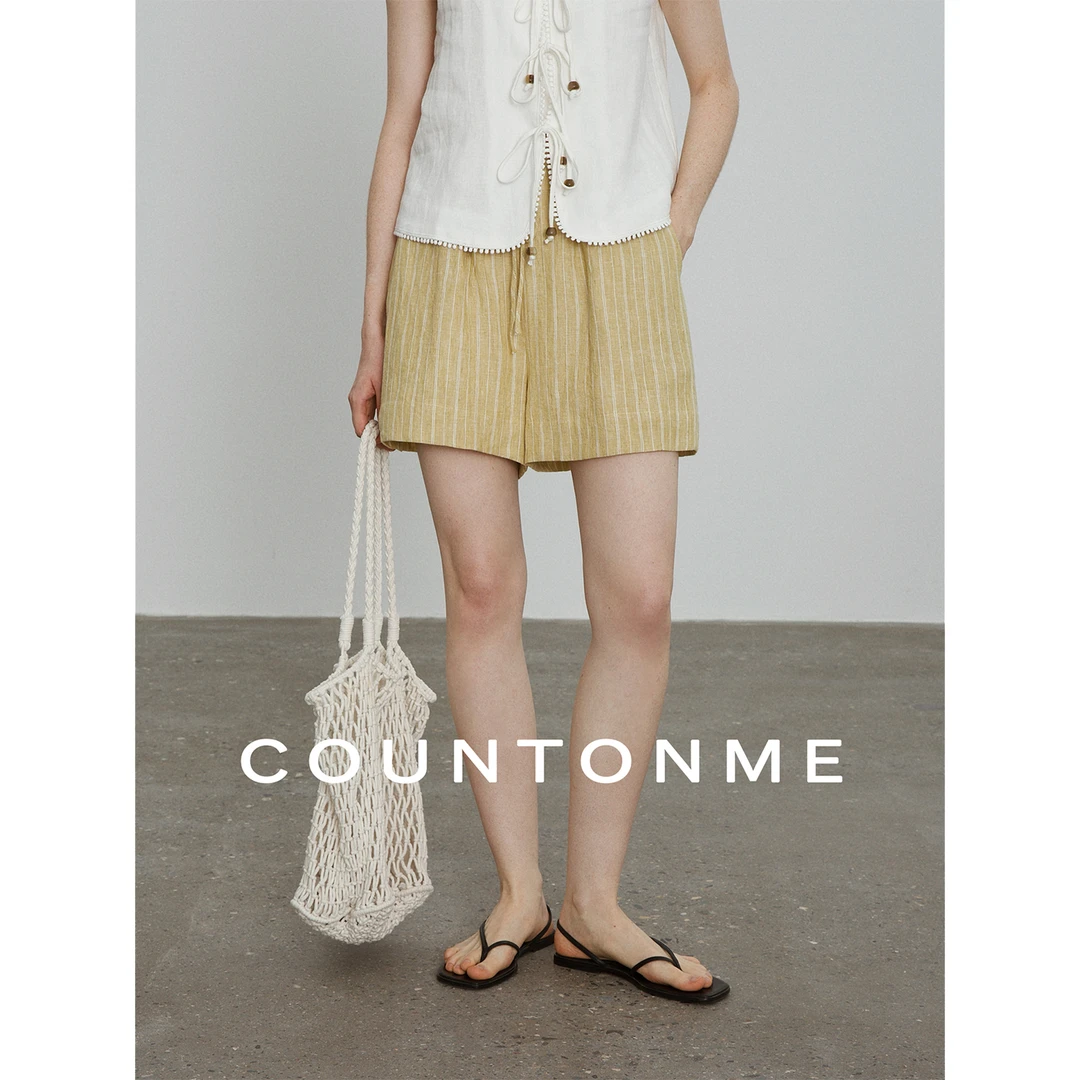 COUNTONME 慵懒夏日/天然透气色织条纹亚麻短裤夏季百搭休闲裤