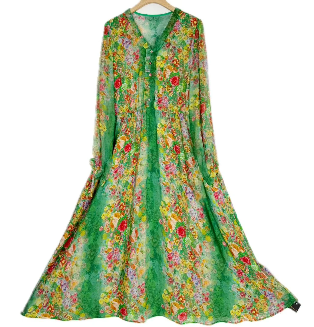 【多米拉】中长款桑蚕丝绿野仙踪夏季休闲连衣裙宽松2025长袖气质