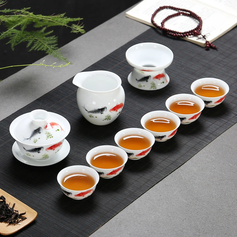 功夫茶具套装釉中彩高档白瓷茶杯家用办公泡茶接待盖碗茶杯整套