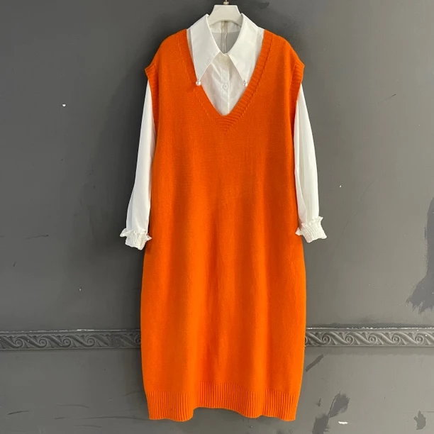 秋冬新款大码针织马甲连衣裙长袖衬衫搭配时尚气质