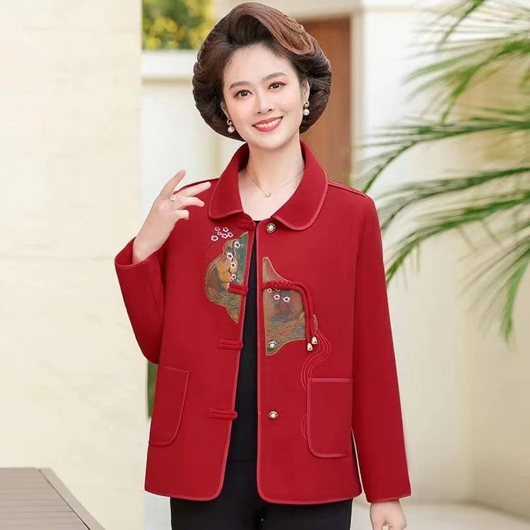 中老年女士洋气春款减龄妈妈装国风盘绳翻领外套奶奶装
