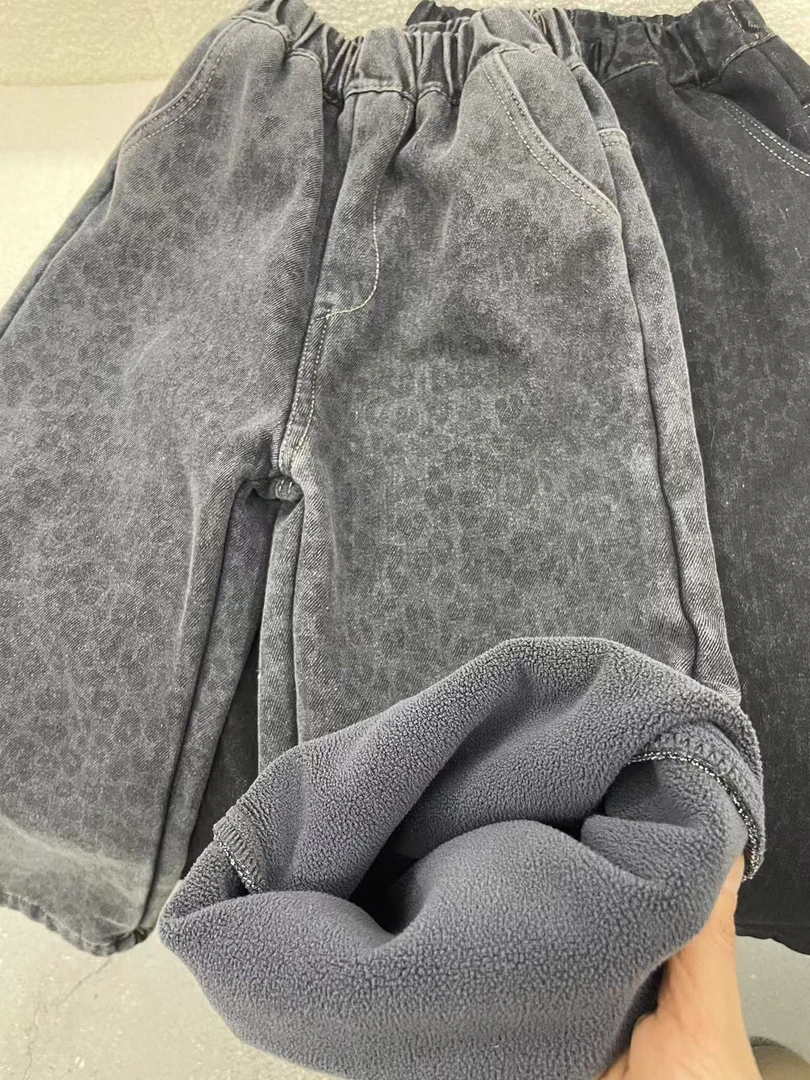 412351《现》优选韩版冬季儿童休闲舒适豹纹加绒牛仔裤