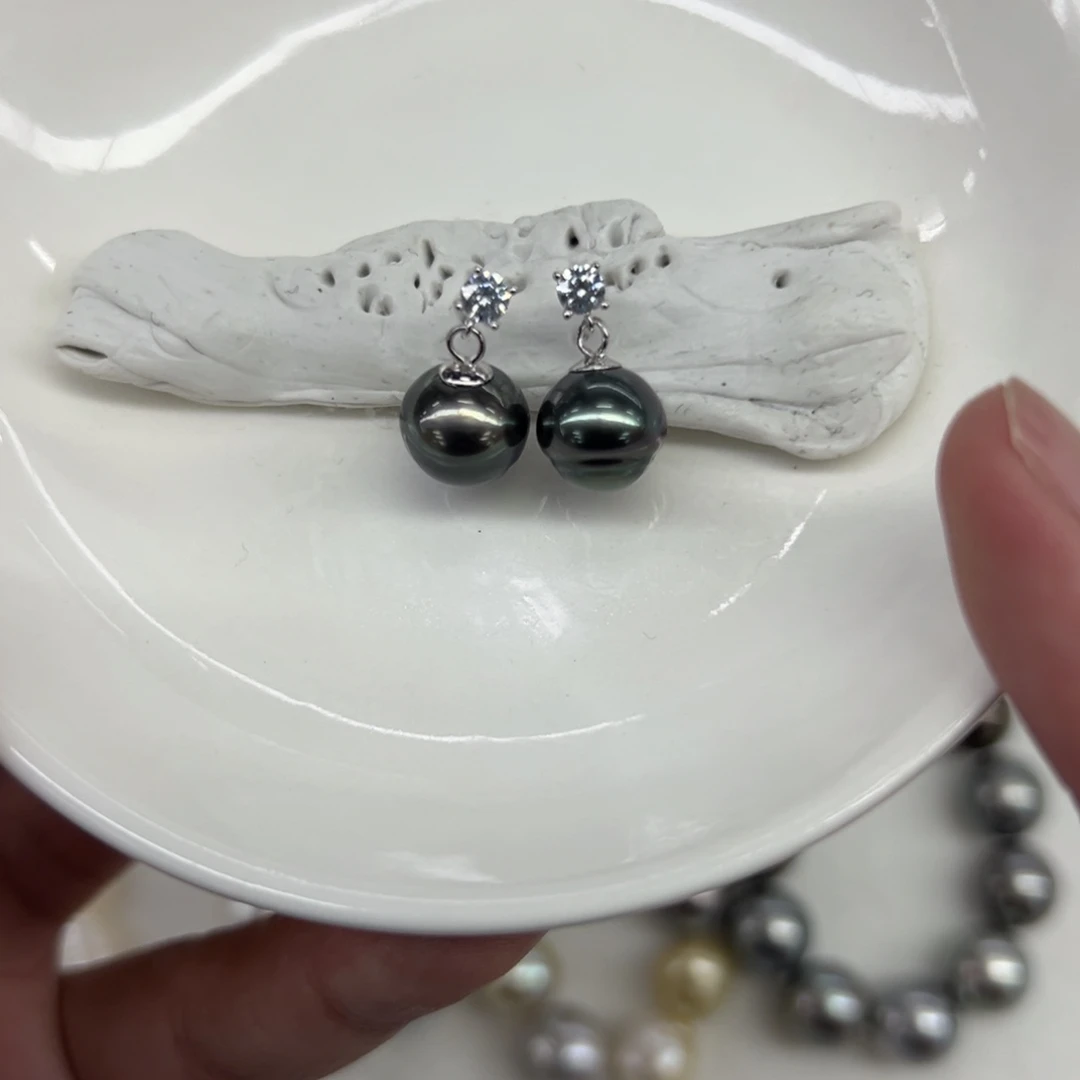 银S925镶嵌耳饰海水珍珠9-10mm海水大溪地戴妃耳钉