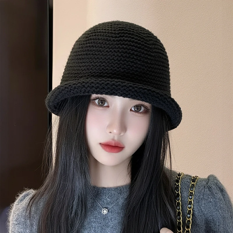 高品质针织卷边水桶帽子女秋冬复古咖色渔夫帽大头围盆帽