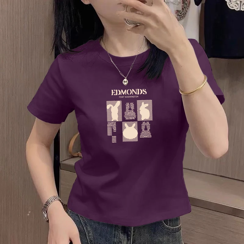 正肩短袖t恤女夏季韩版修身半袖显瘦体恤衫洋气减龄印花圆领上衣