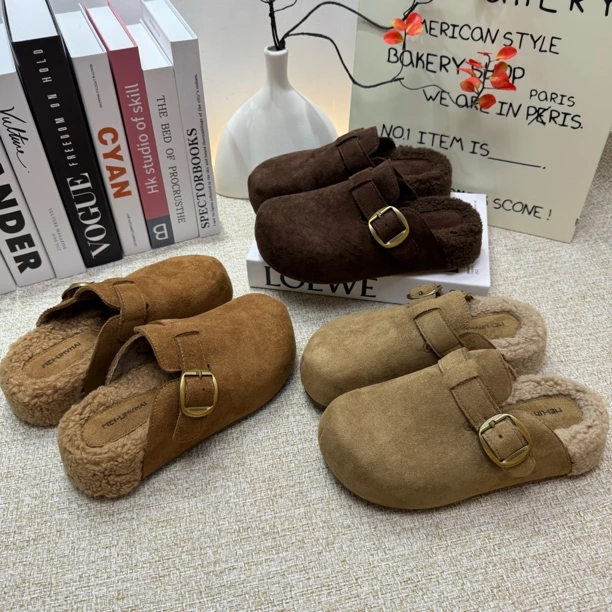 厚底勃肯鞋女2025冬季新款加绒保暖复古一脚蹬懒人外穿包头拖鞋