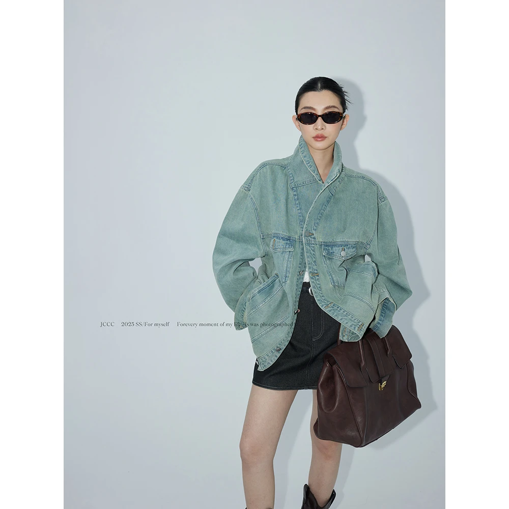 JCCC影子【偏爱牛仔】重工水洗浅蓝立领廓形牛仔外套JE5ANW11