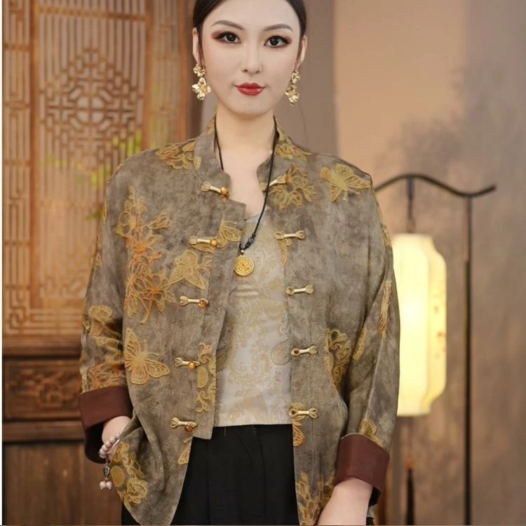 新中式国风时尚百搭上衣外套女暗纹提花宽松立领显瘦透气衬衫冬装