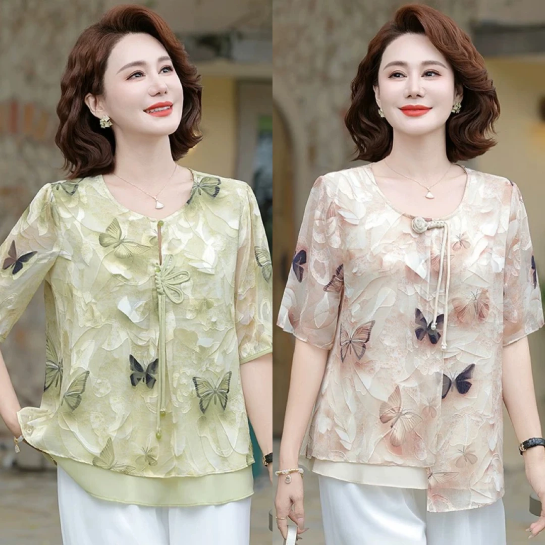 妈妈中年夏季宽松T恤雪纺衫25新款国风遮肉显瘦时尚碎花百搭透气