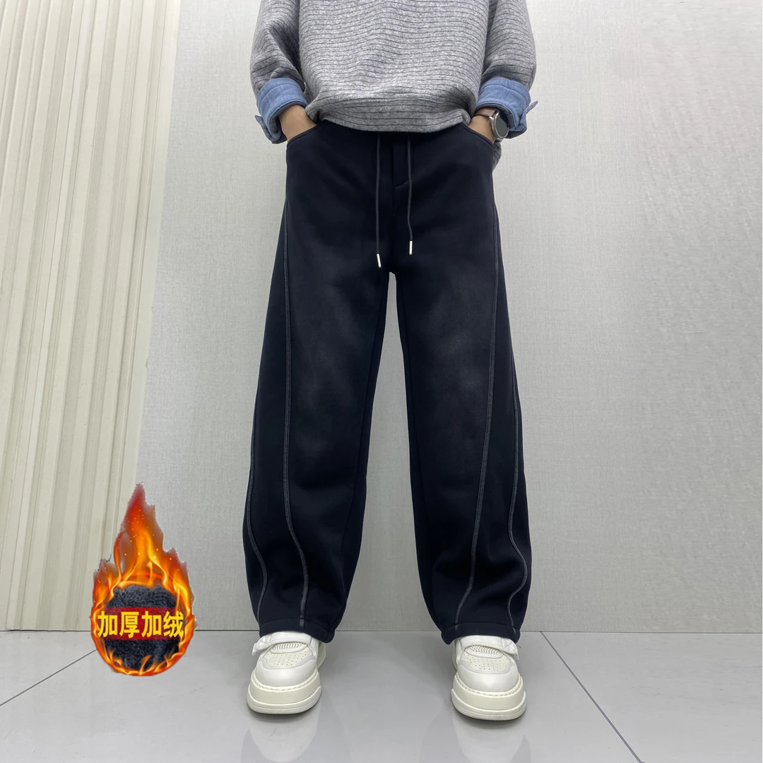 2025秋冬加绒渐变宽松直筒卫裤男阔腿痞帅弯刀长裤抽绳运动裤子
