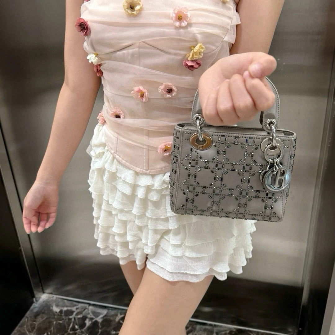 95新 DIOR/迪奥 dior灰色水钻三格戴妃手提斜挎包