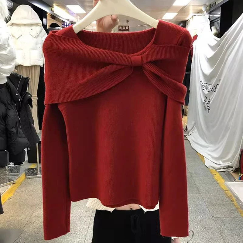 秋季女装2025新款时尚气质休闲显瘦针织蝴蝶结一字肩设计长袖毛衣