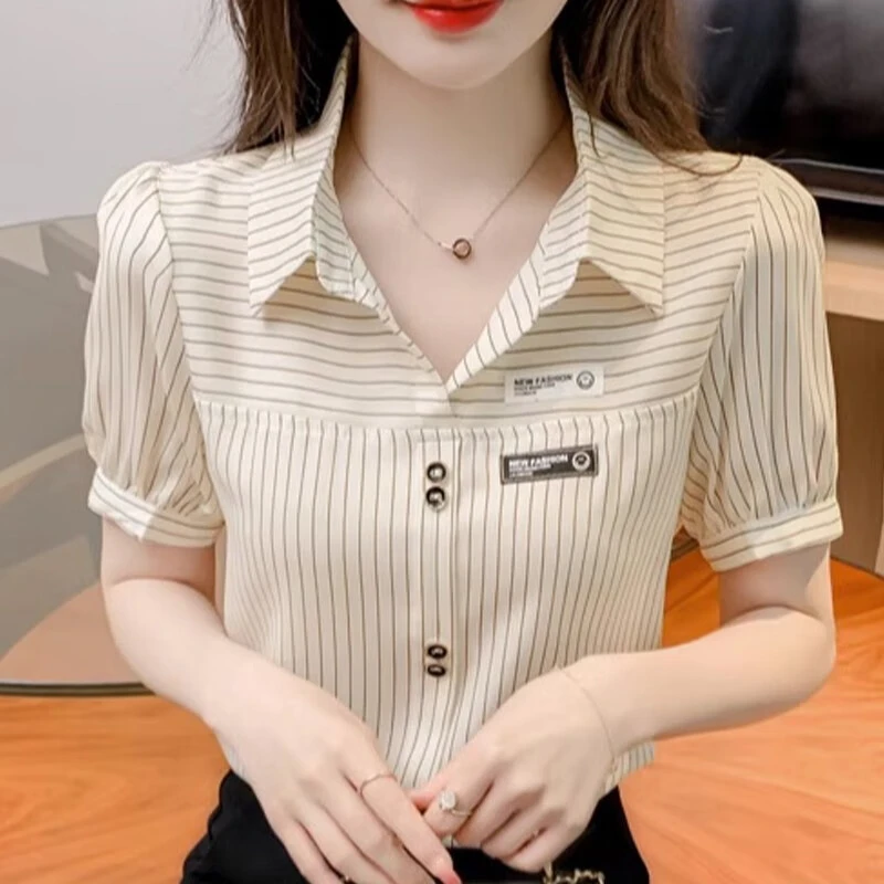 气质休闲百搭条纹短袖衬衫R3619