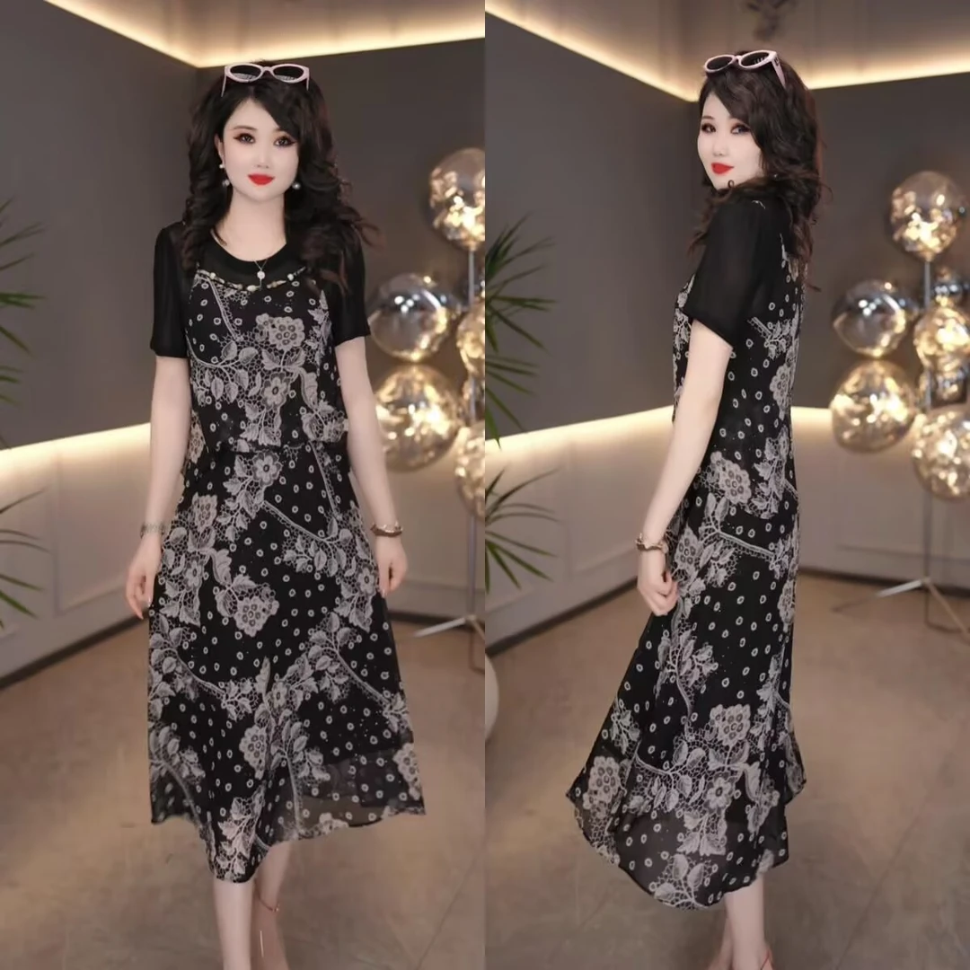 2025夏季新款时尚减龄收腰中长款气质百搭假两件连衣裙-4