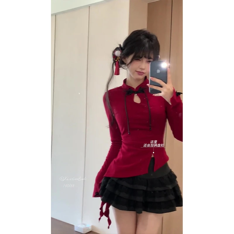 过年红色新中式国风不规则长袖t恤女冬季春秋本命年修身打底衫