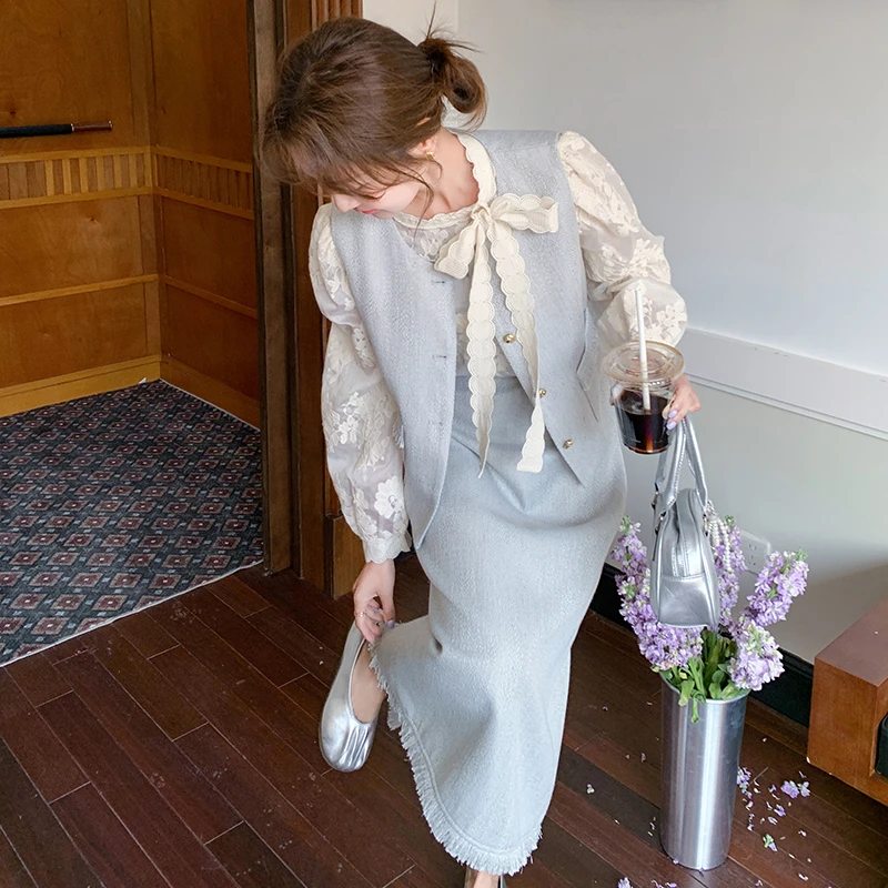 休闲风马甲蕾丝上衣裙子时尚套装蕾丝秋装洋气套装时尚气质长袖