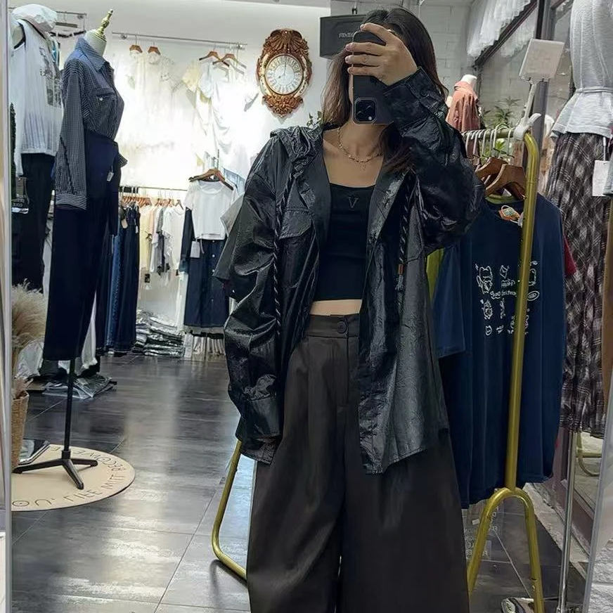 秋季新品韩版欧货宽松薄款连帽环保设计感高级卫衣衬衣外套外搭女