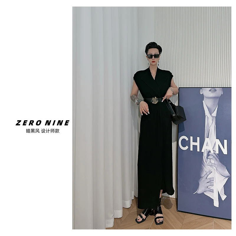 Dan Dan 黑色无袖收腰显瘦金扣连衣裙女