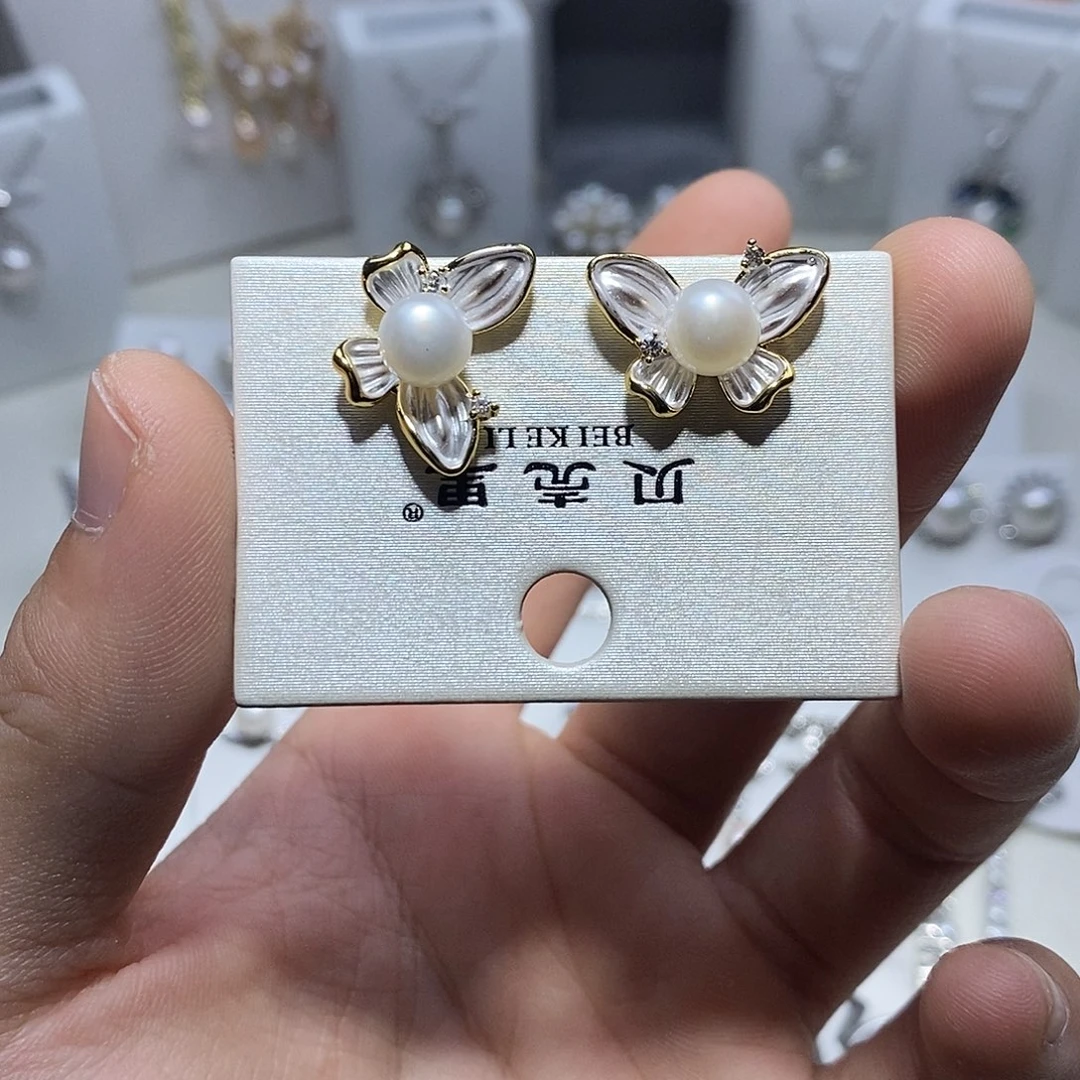 淡水珍珠银S925镶嵌耳饰