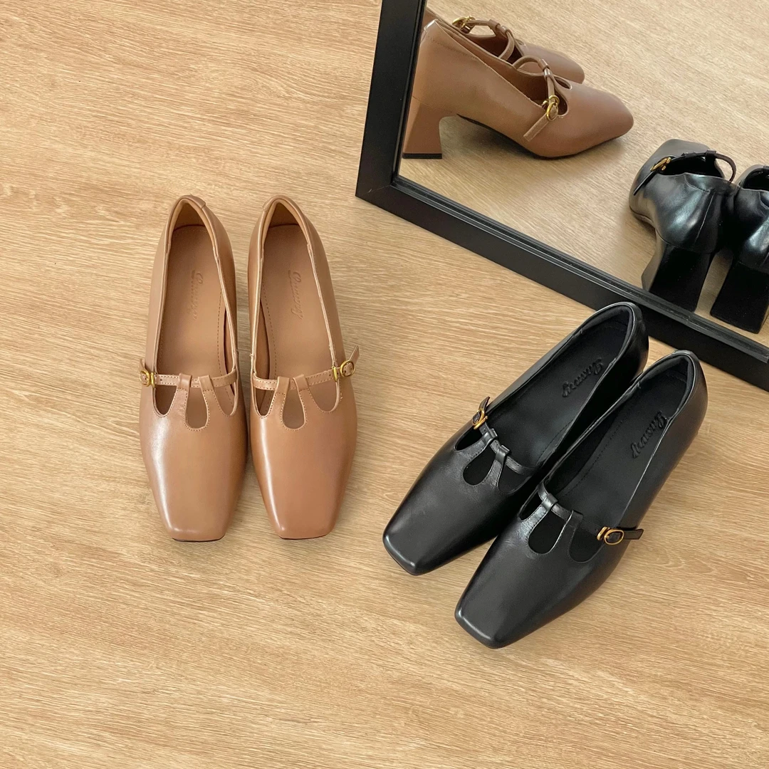 HUSSLOVE 头层胎牛皮·跟高5.5CM·法式通勤T字扣带显瘦高跟单鞋女