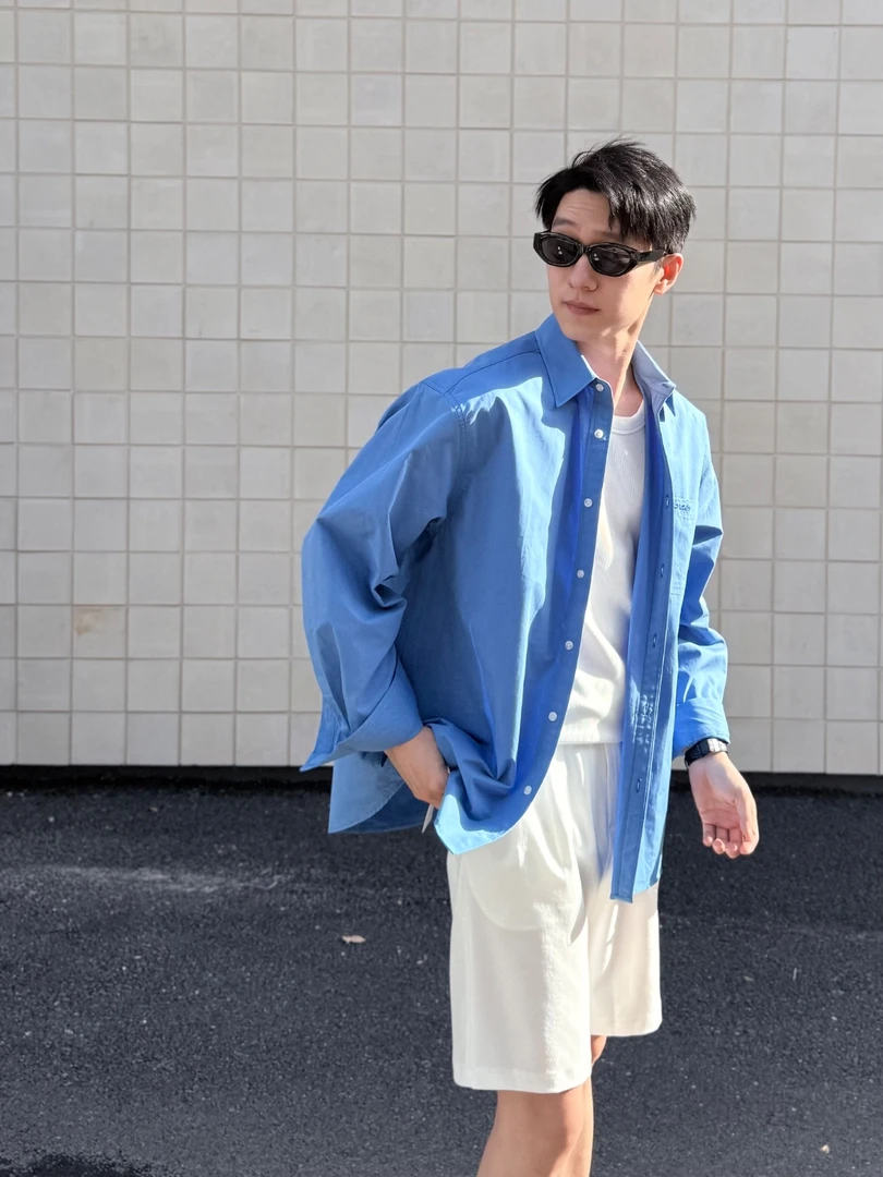 ZWZ/春夏韩系刺绣字母阔版五色休闲宽松长袖衬衫衬衣高级感男装