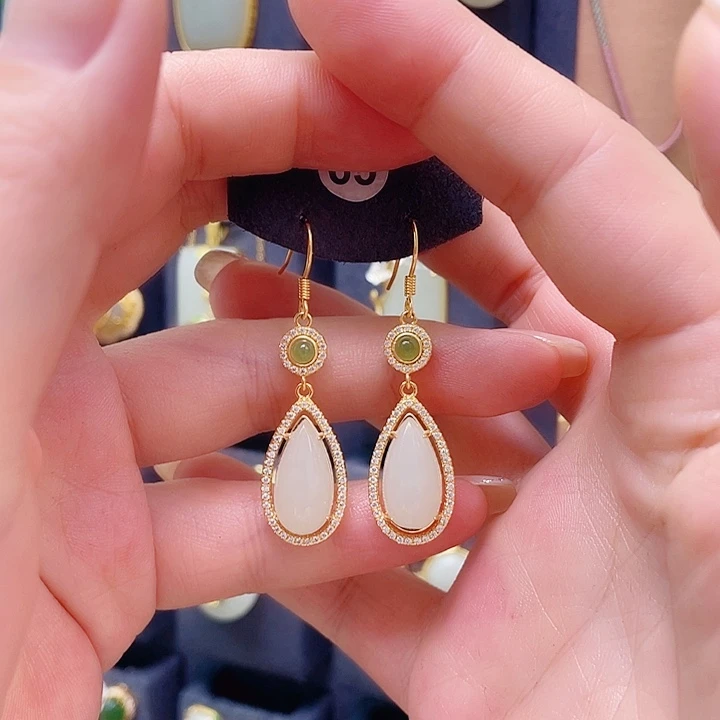 和田玉银S925镀金镶嵌耳饰