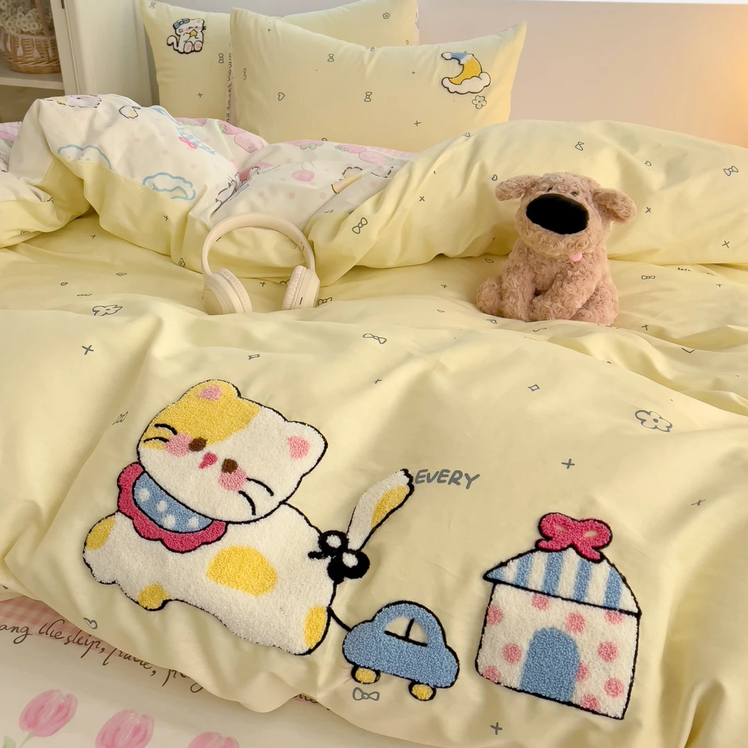 美玲  2025新品月亮猫 全棉刺绣三件套四件套可爱设计师韩版亲肤