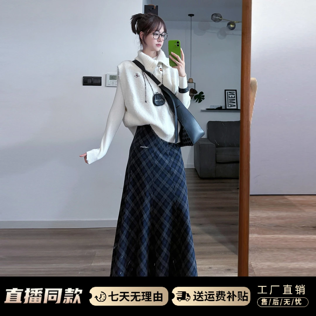 巨好看韩系穿搭一整套2026新款白色针织连衣裙子女秋冬季长裙套装