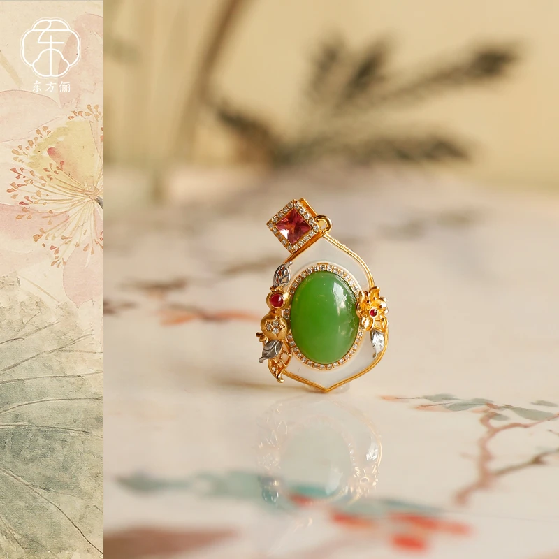 东方俪DOFUNLY【春江上】和田玉碧玉蛋面吊坠18k金精美BYDZ雅韵