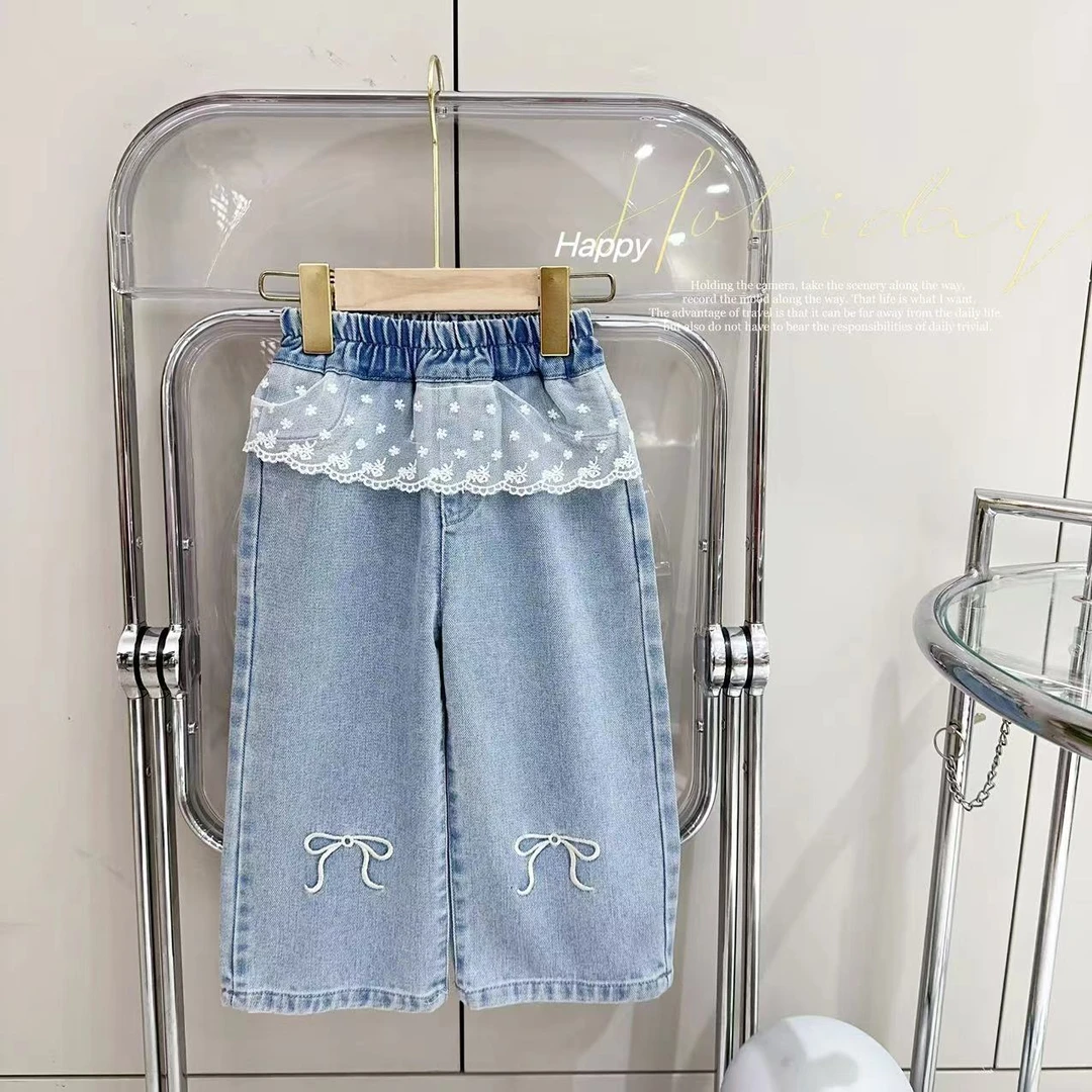 汤圆家童装2025春季新款韩系蝴蝶结刺绣蕾丝拼接牛仔裤 YA-1182