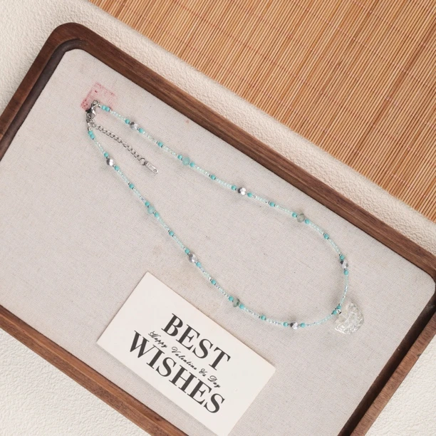 合金项链 LZ3125-1银色元宝蓝色小米珠琉璃项链