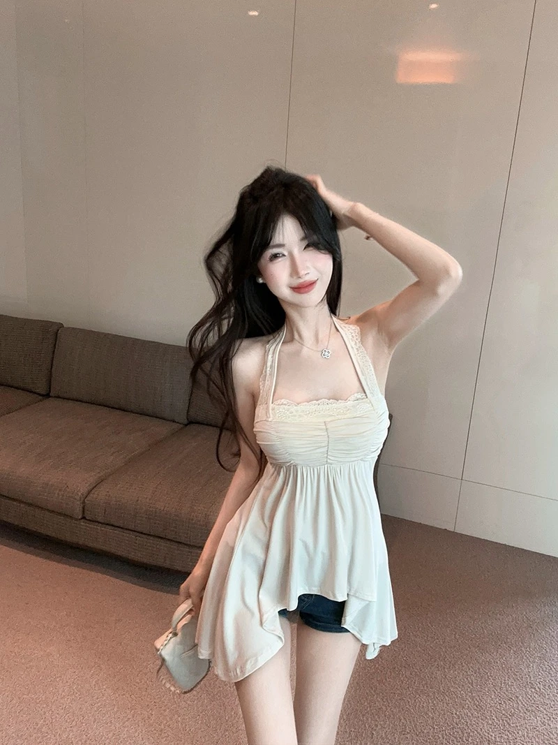 法式轻熟风气质蕾丝花边挂脖上衣女纯欲风温柔抹胸吊带背心套装