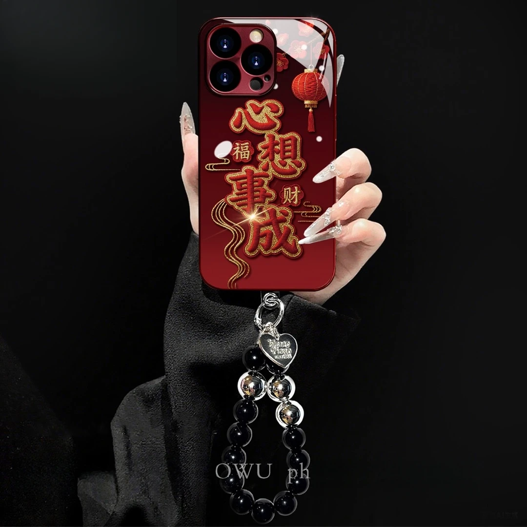 酒红色心想事成适用苹果17电镀玻璃手机壳oppo华为vivo小米手链
