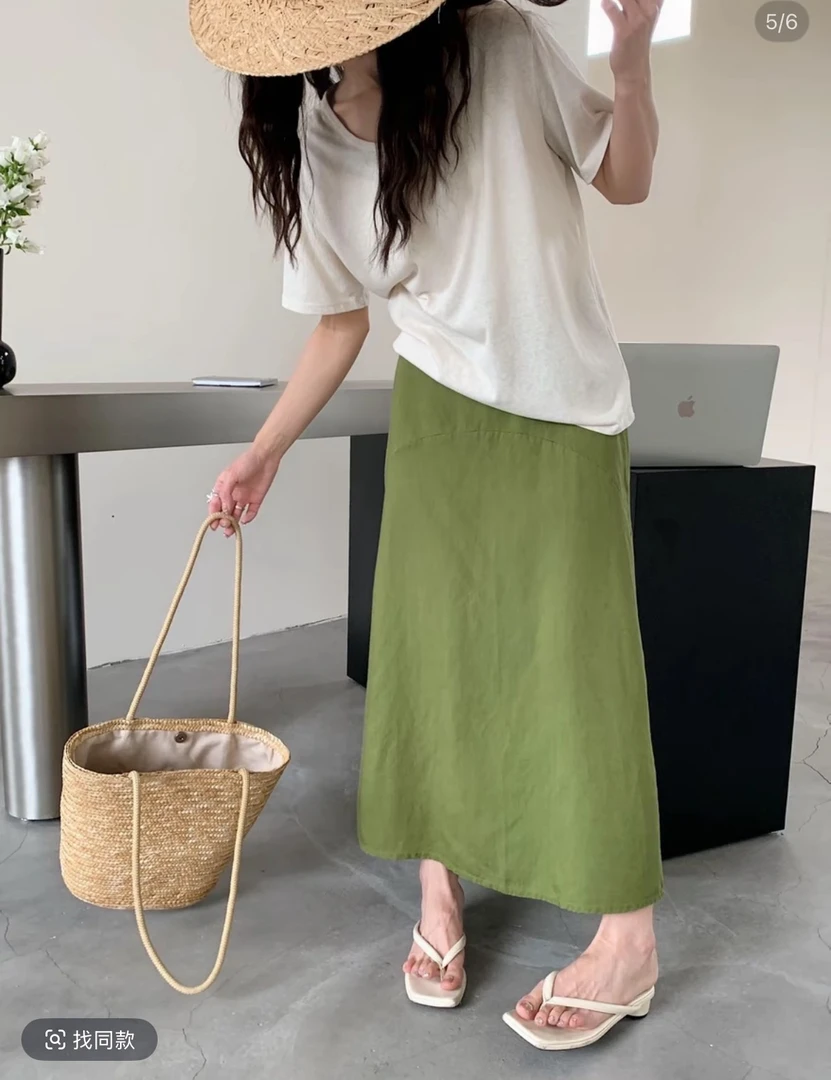 时尚韩版新款天丝亚麻半身裙显瘦纯色拼接A字裙休闲薄款百搭高腰