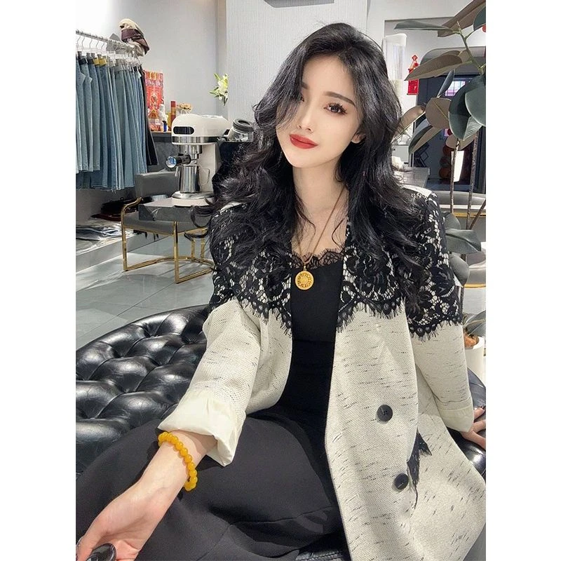欧洲站2025春季新款设计感小众气质休闲拼接蕾丝中长款西装外套潮