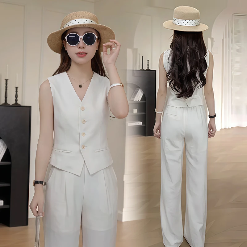 小个子时尚气质套装女2025年夏季新款坎肩马甲直筒阔腿裤两件套潮