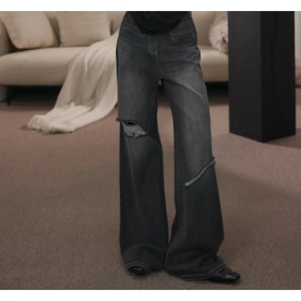 卢尚原创一字口袋破洞牛仔裤8162