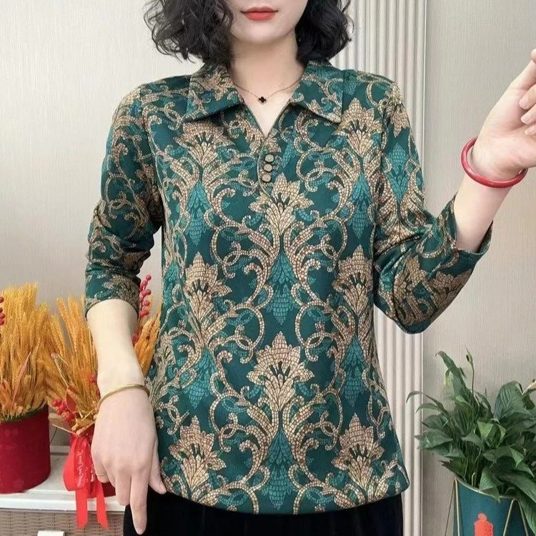 春季新款妈妈装时尚衬衫T恤中年女春秋洋气长袖上衣休闲打底小衫