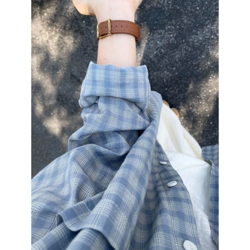 2025新款高级感轻奢减龄洋气薄款上衣蓝色格子防晒衬衫外套女士夏