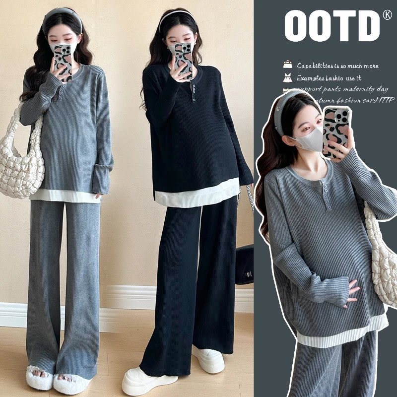 X3929#1.10 2025春季新款孕妈大码假两件拼接针织慵懒气质套装