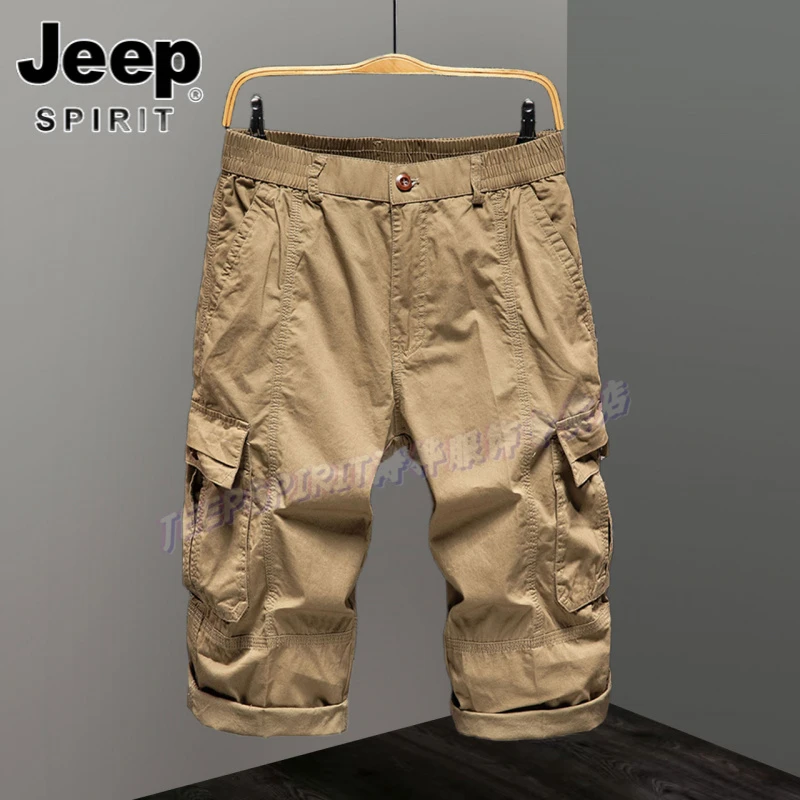 Jeep吉普美式复古工装七分裤男士宽松直筒休闲短裤子纯棉大码马裤
