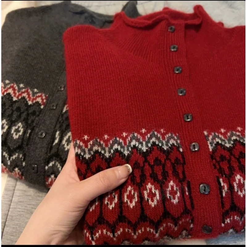 喜庆中国红~女士提花单排扣羊毛针织开衫外套