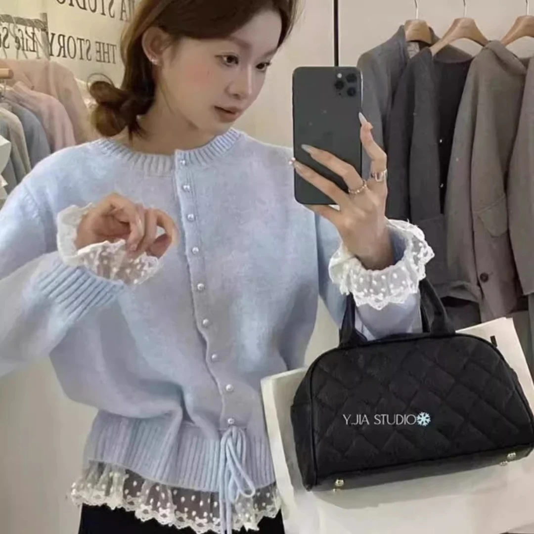 韩系穿搭蕾丝花边系带收腰毛衣开衫女春秋时尚减龄设计针织衫上衣
