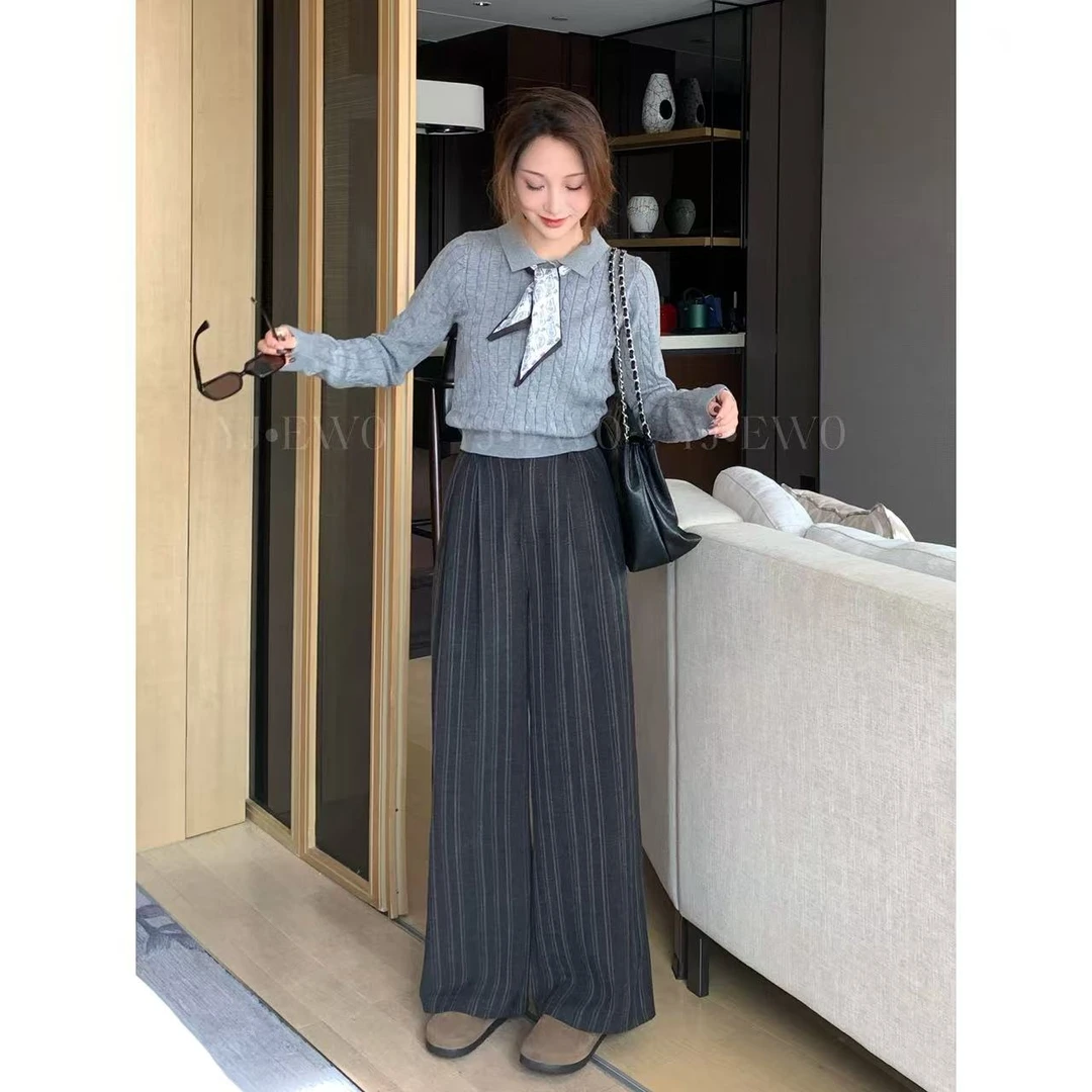 【现货】秋季显瘦高腰休闲百搭复古条纹宽松休闲裤-8605