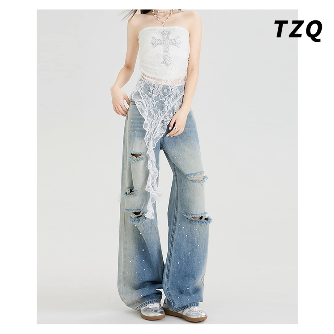 高腰破洞烫钻阔腿牛仔裤女夏季新款宽松显瘦百搭长裤TZQ2532003