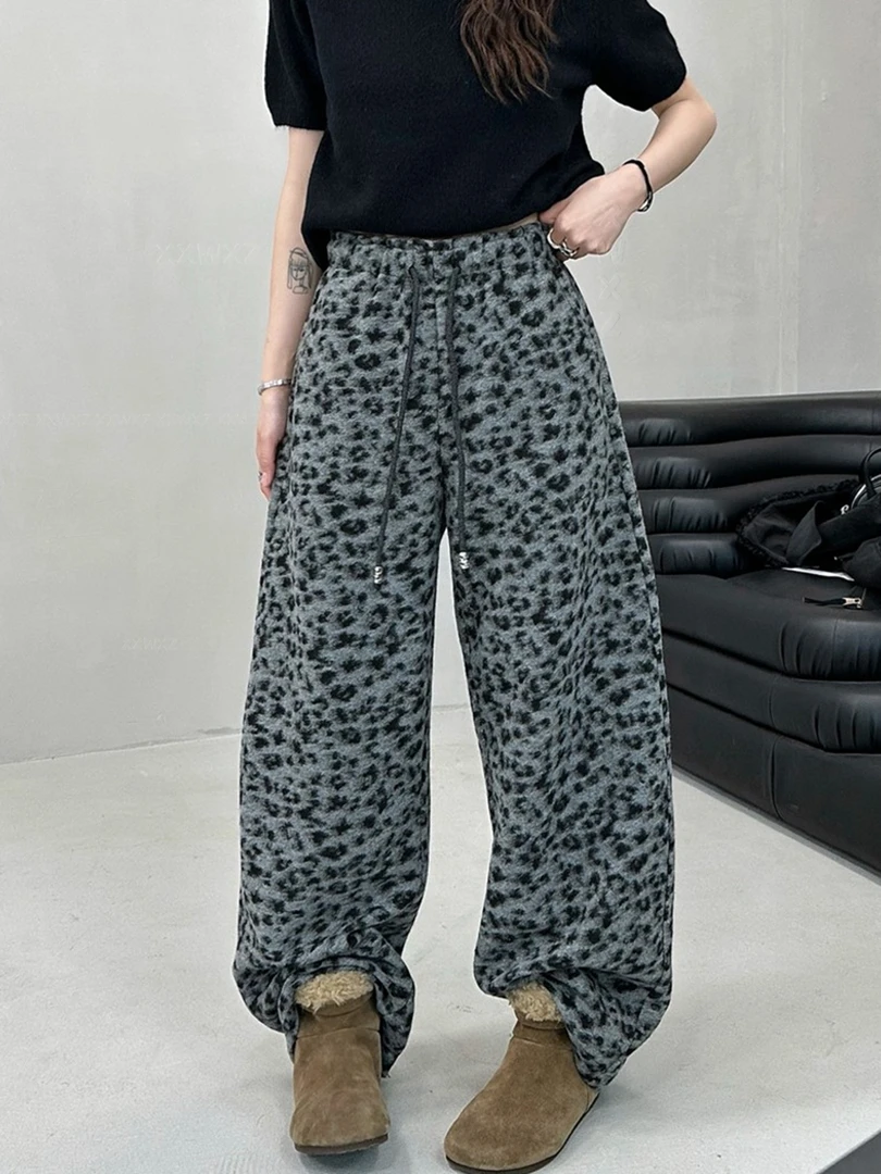 韩国东大门秋季新款极简风豹纹时尚百搭垂感显瘦毛呢直筒休闲裤女